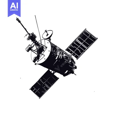 A black and white sketch of a satellite with solar panels