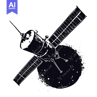 Black and White Illustration of a Spacecraft with Solar Panels Orbitin