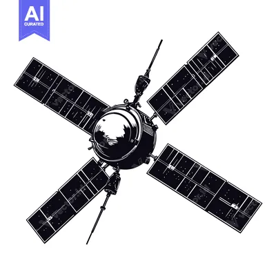 Black and White Illustration of a Satellite with Solar Panels