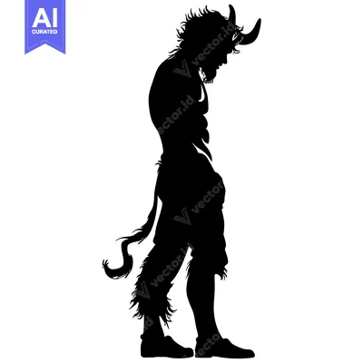 Aset desain premium: Silhouette of a Minotaur with a Curved Horn Standing with His Head Dow