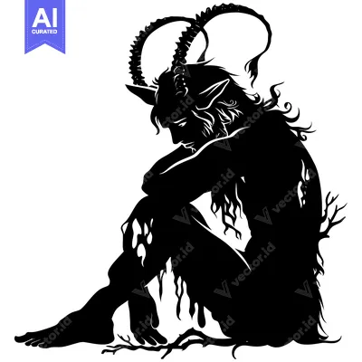 Aset desain premium: Silhouette of a Sitting, Horned, and Wooded Creature