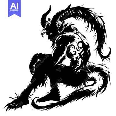 Black and White Silhouette of a Sitting Demon with Horns and a Tail