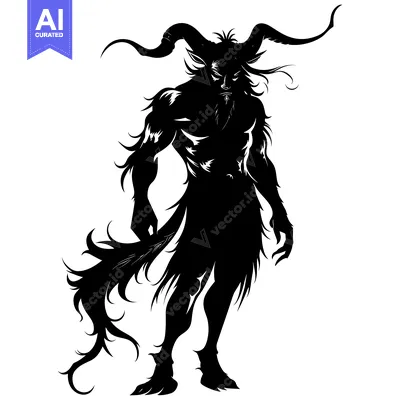 Aset desain premium: Black and White Silhouette of a Furry, Horned, Anthropomorphic Creatur