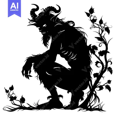 Premium design asset: A Silhouetted Demon with Horns and a Bushy Tail Sitting Near a Twisted