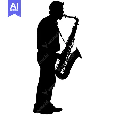 Aset desain premium: Silhouette of a Saxophonist Playing a Saxophone