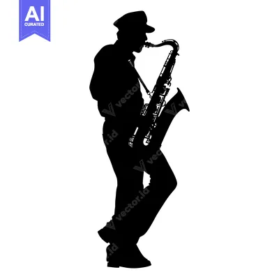 Aset desain premium: Silhouette of a Saxophonist Playing a Saxophone