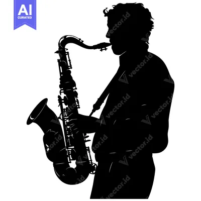 Aset desain premium: A Black and White Silhouette of a Saxophonist Playing a Saxophone
