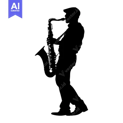 Aset desain premium: Silhouette of a Saxophonist Playing a Saxophone
