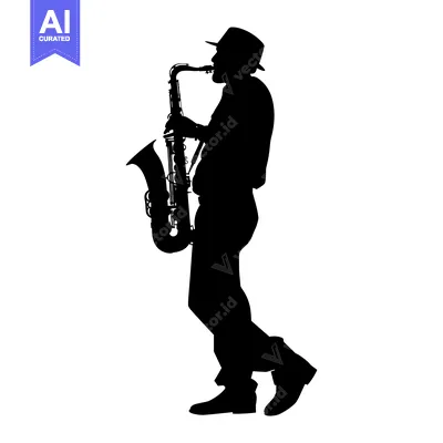 Aset desain premium: Silhouette of a Saxophone Player with Hat