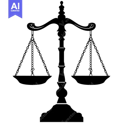 A black and white silhouette of a traditional scale of justice