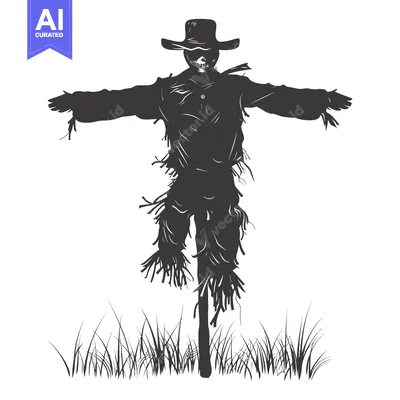 Popular premium asset: A silhouette of a scarecrow standing in a field of grass