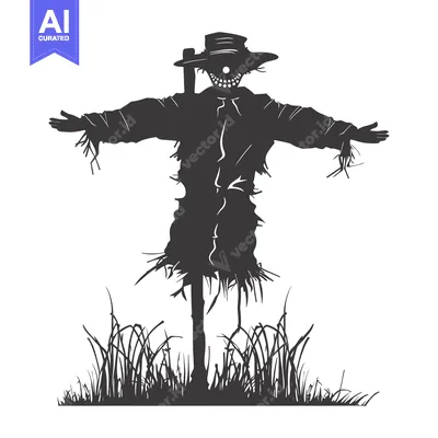 Premium design asset: A Silhouette of a Scarecrow with a Wide Grin Standing in Tall Grass