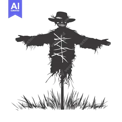 Aset premium populer: A silhouette of a creepy scarecrow standing in a field of grass.