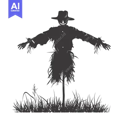 Aset desain premium: Silhouette of a Scarecrow Standing in a Field of Grass