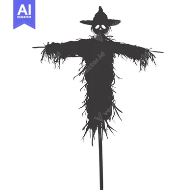 Aset desain premium: A Black and White Silhouette of a Scary Scarecrow with a Skull Face