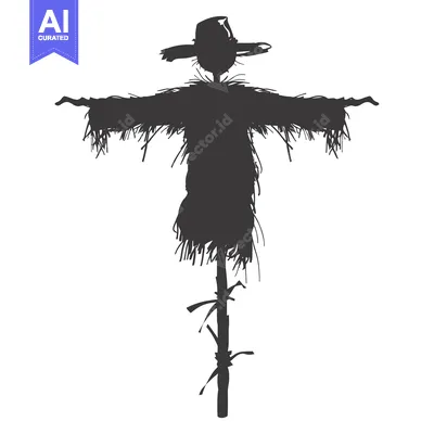 Aset premium populer: A black and white silhouette of a scarecrow standing in a field