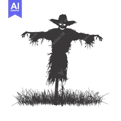 Aset desain premium: Silhouette of a Glowing-Eyed Scarecrow in a Field