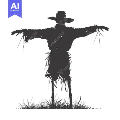 Aset desain premium: Silhouette of a Scarecrow Standing in a Field of Grass