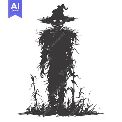 Aset desain premium: Sinister Scarecrow Silhouette in Tall Grass