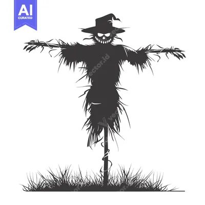 Aset desain premium: Silhouette of a Scary Scarecrow with a Hat and a Twisted Grin