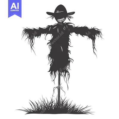 Aset desain premium: A Silhouette of a Scary Scarecrow with a Twisted Grin