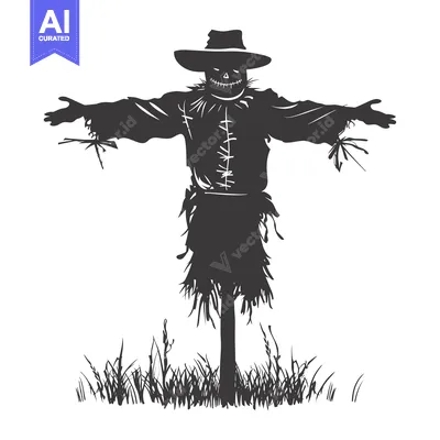 Aset desain premium: A Silhouetted Scarecrow with a Grinning Face in a Field