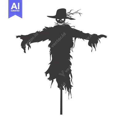 Aset desain premium: Silhouette of a Scary Scarecrow with a Hat and Twisted Branches