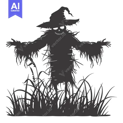 Aset desain premium: A menacing scarecrow silhouette with a pointed hat and outstretched ar