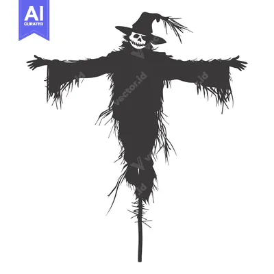 Aset desain premium: A Silhouette of a Halloween Scarecrow with a Skull Face