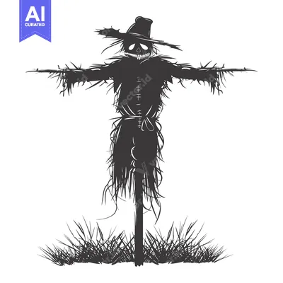 Aset desain premium: A Silhouette of a Spooky Scarecrow with a Hat and Long Arms