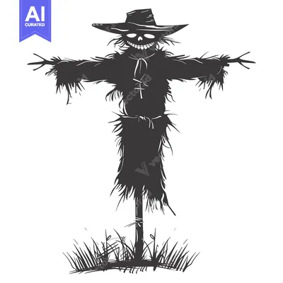 Aset desain premium: A menacing scarecrow with a wide grin and outstretched arms, standing