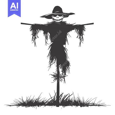 A Halloween Scarecrow with a Skull Face and Wide-Brimmed Hat