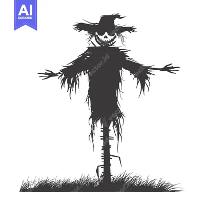 Aset desain premium: Silhouette of a Scary Scarecrow with a Grinning Face