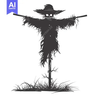 Aset desain premium: A spooky, black silhouette of a scarecrow in a field