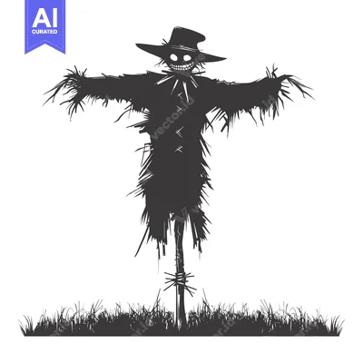 Silhouette of a menacing scarecrow with a wide-brimmed hat and evil gr