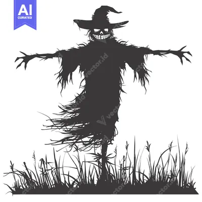 Premium design asset: Spooky Scarecrow Silhouette with Wavy Hair and a Pointy Hat in a Field