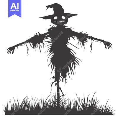 Aset desain premium: Silhouette of a Scary Scarecrow with a Grinning Face and a Hat