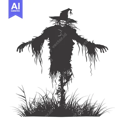 Silhouette of a Scary Scarecrow with a Hat in a Field of Grass