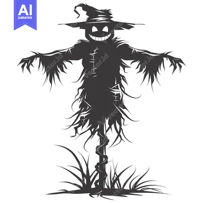 Aset desain premium: A menacing scarecrow silhouette with a wicked grin and a pointed hat.