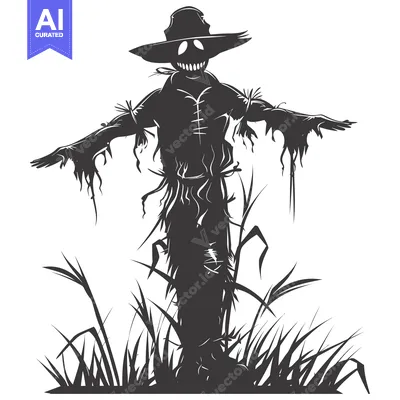 Aset desain premium: A Silhouette of a Sinister Scarecrow Standing in Tall Grass
