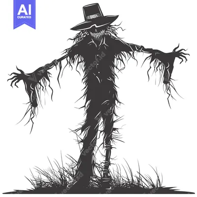 Aset desain premium: A Silhouette of a Scary Scarecrow Standing in Grass
