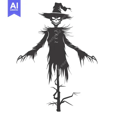 Aset desain premium: A Halloween Scarecrow with a Grim Grin and Pointy Hat