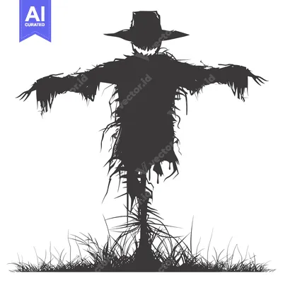 Aset desain premium: Silhouette of a Scarecrow with a Wide-Brimmed Hat Standing in Grass