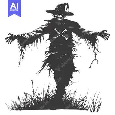 Aset premium populer: A menacing skeletal scarecrow with a witch's hat, standing in tall gra