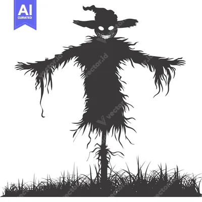 Aset desain premium: Silhouette of a Scary Scarecrow with a Grinning Face