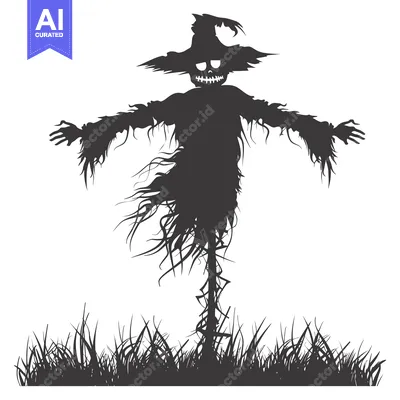 Aset desain premium: A spooky, silhouetted scarecrow with a wide-brimmed hat and outstretch