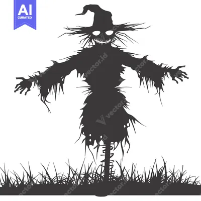 Aset desain premium: A Silhouette of a Scary Scarecrow with a Hat and a Grin