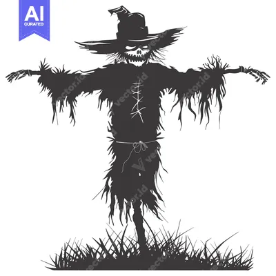 Aset desain premium: A Black and White Silhouette of a Grim Reaper-Like Scarecrow