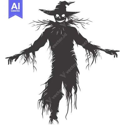 Aset premium populer: A sinister, grinning scarecrow with a pointed hat and outstretched arm