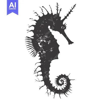 Aset premium populer: Black and White Seahorse Illustration with Detailed Spines